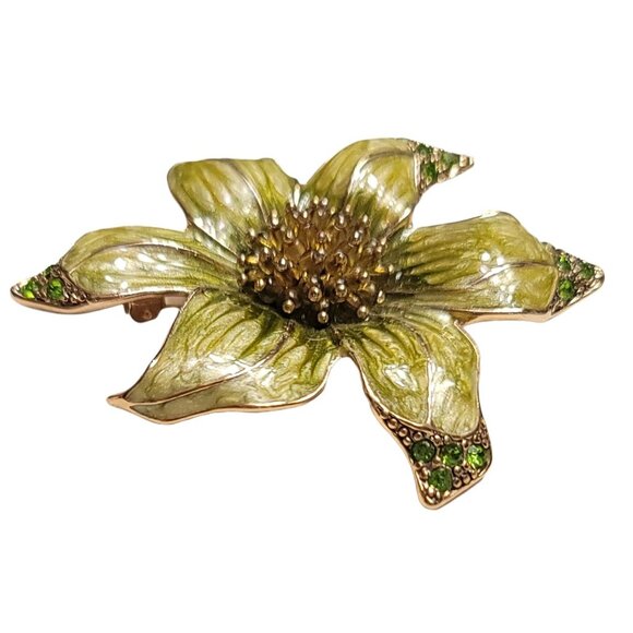 Liz Claiborne Gold Tone Green Enamel Rhinestone Lucite Seed Bead Flower Brooch - Picture 4 of 7